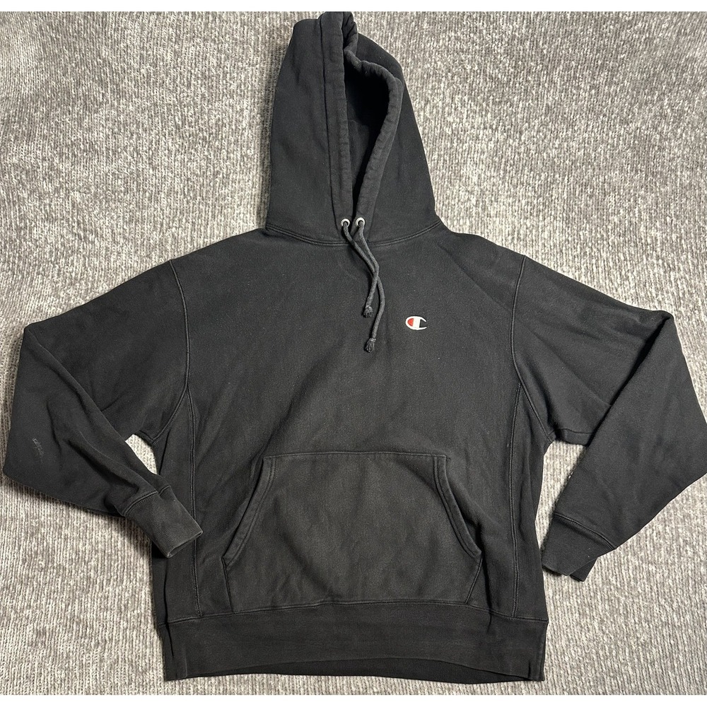 Vintage Men's Champion Black Reverse Weave Hoodie Baggy Size Large